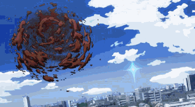 a cartoon drawing of a red sphere flying through a blue sky