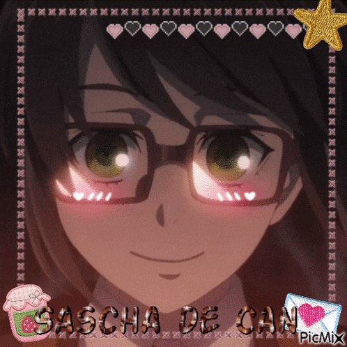 a picture of a girl wearing glasses and the name sascha de can