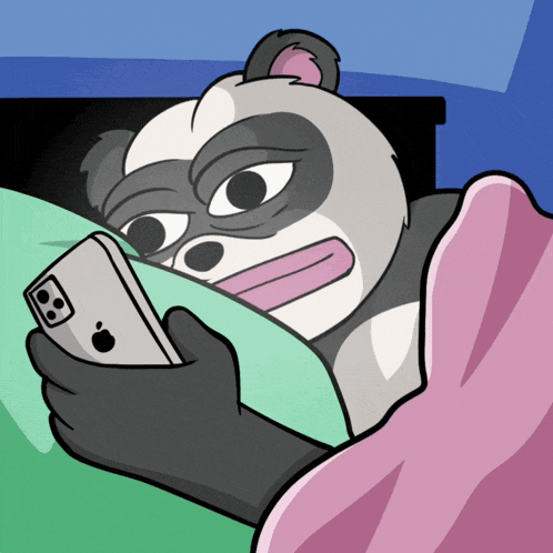a cartoon drawing of a panda laying in bed looking at an iphone