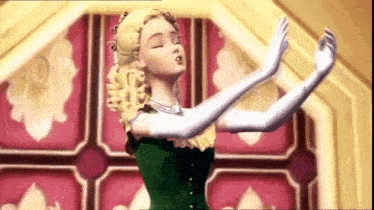 a cartoon woman in a green dress and white gloves is standing in front of a red wall .