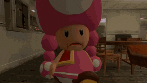 a pink toad is standing in a hallway with tables and chairs in the background
