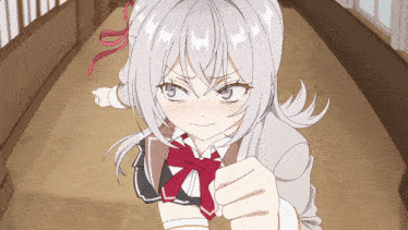 a girl with white hair and a red bow on her school uniform is making a funny face