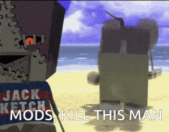 a cartoon of a man wearing a jack ketch shirt standing on a beach