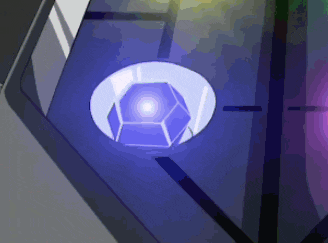 a purple cube in a circle with a white light coming out of it