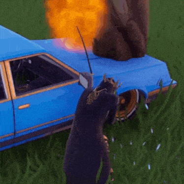 a blue car is on fire and a person is standing next to it holding a sword
