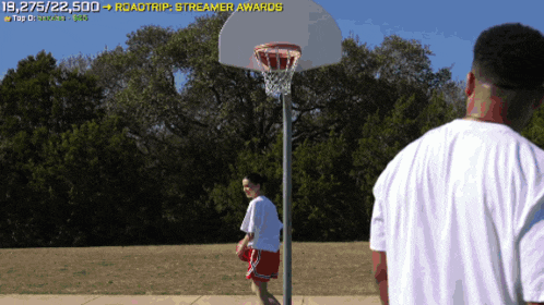 two people playing basketball on a court with a screen that says roadtrip streamer awards on it