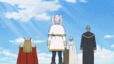 a group of cartoon characters standing in front of a blue sky