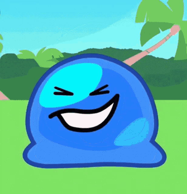 a blue cartoon character with a smiling face and closed eyes
