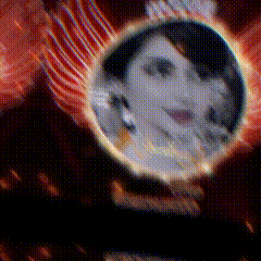 a close up of a woman 's face in a circle on a dark background