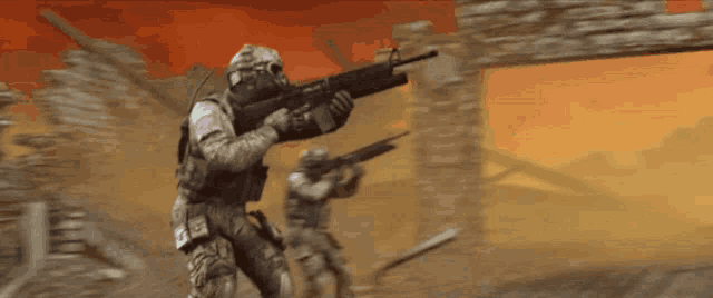 a man in a gas mask holds a gun in front of a burning building