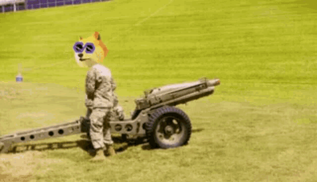 a soldier with a doge head is shooting a cannon on a field