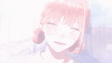 a girl with pink hair is smiling and wearing a white shirt