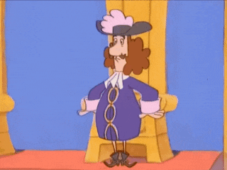 a cartoon character wearing a pink hat and a purple jacket