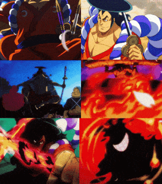 a collage of images of a man with a sword in his hand