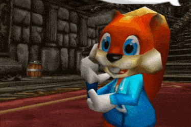 a cartoon squirrel in a blue and orange outfit talking on a cell phone