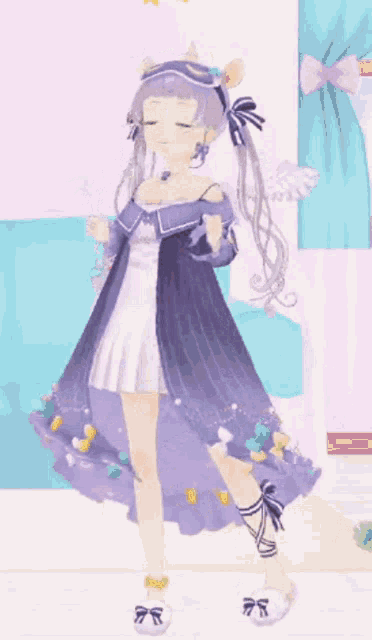 a girl in a purple dress with a unicorn headband