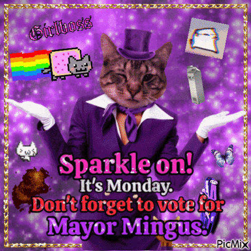 a picture of a cat in a purple suit and top hat