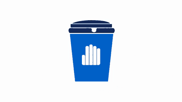 a blue coffee cup with the words coffee before talking written below it