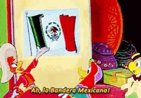 a cartoon of a duck saying " ah la bandera mexicana "