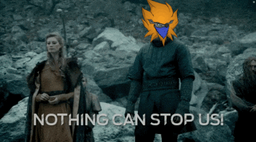 a man with a mask on his head is standing in front of a sign that says nothing can stop us