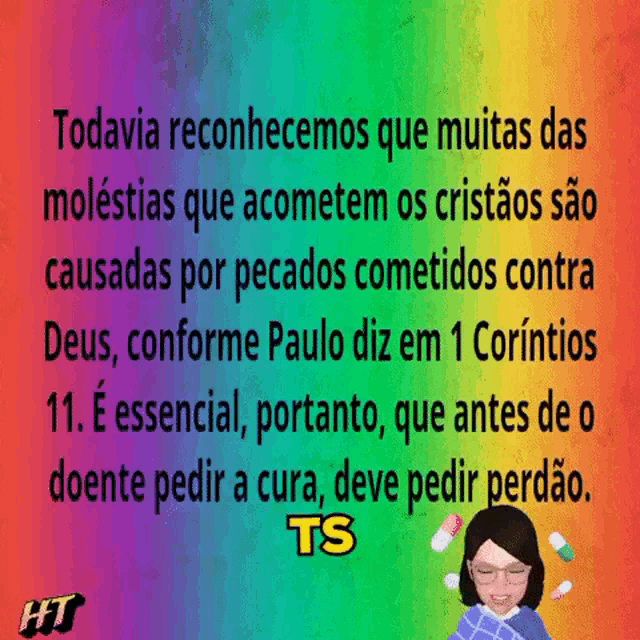 a rainbow colored background with a woman holding pills and a ts logo on the bottom right