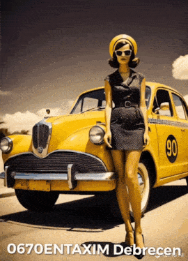 a woman is standing next to a yellow car with the number 90 on the side
