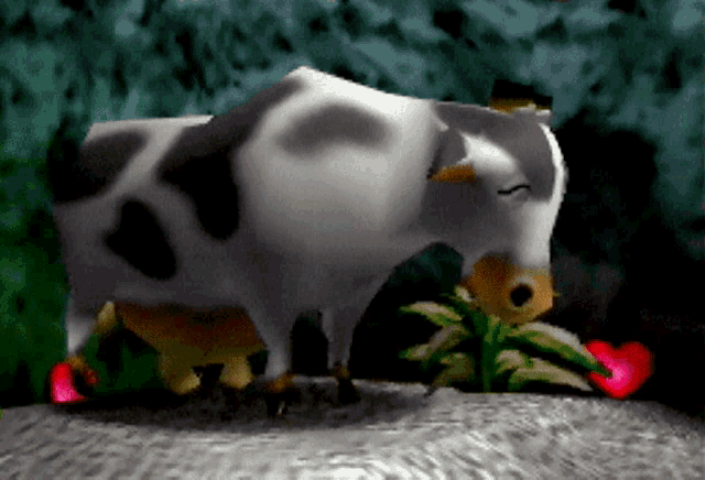 a cartoon cow is standing on a rock with a heart in the background