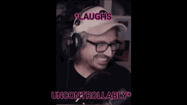 a man wearing headphones and a hat with the words laughs uncontrollably above him