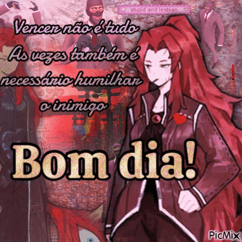 a picture of a girl with red hair and the words bom dia on the bottom