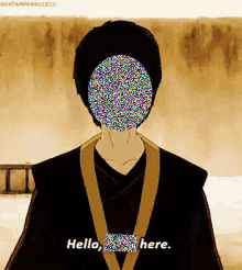 a cartoon character with a circle on his face and the words hello , here .