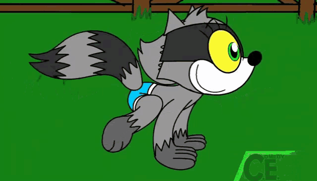 a cartoon of a raccoon wearing underwear is flying through the air