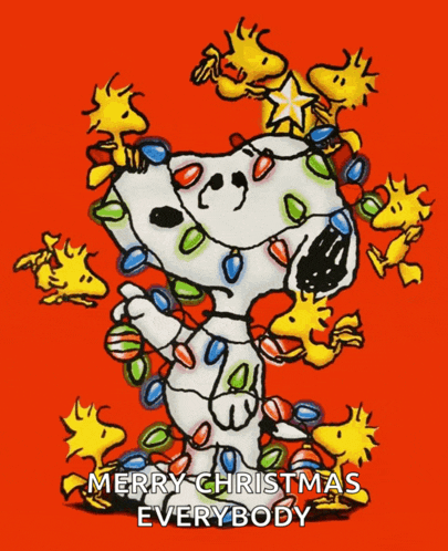 a cartoon of snoopy surrounded by christmas lights with the words merry christmas everybody below him