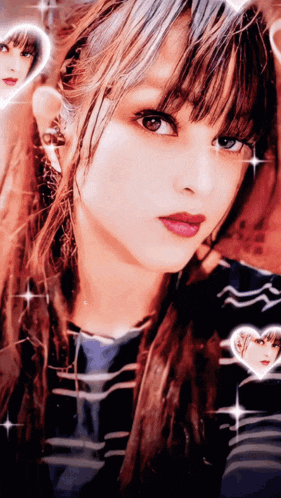 a close up of a woman 's face with hearts around her head