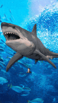 a shark is swimming in the ocean with a man in the water