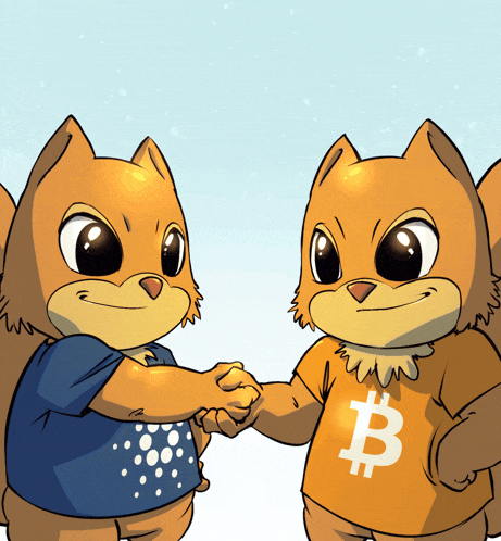 two cartoon cats shaking hands with one wearing a shirt with a bitcoin symbol