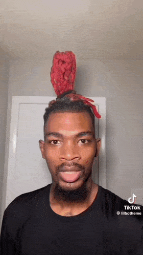 a man with a beard and a red wig on his head is looking at the camera .