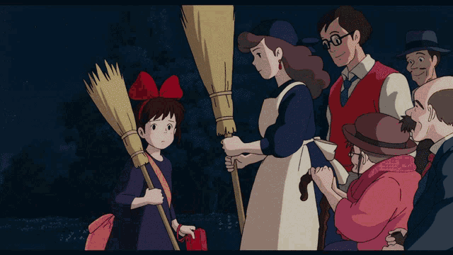a little girl with a red bow on her head is holding a broom in front of a group of people