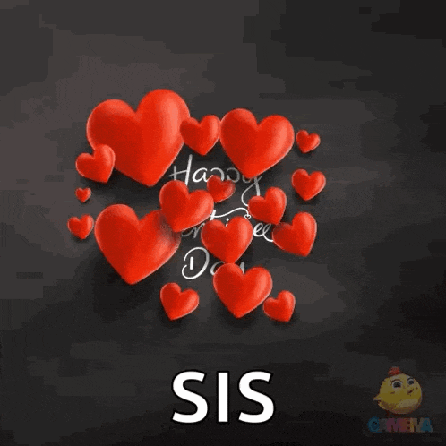 a happy valentine 's day sis card with red hearts on a black background