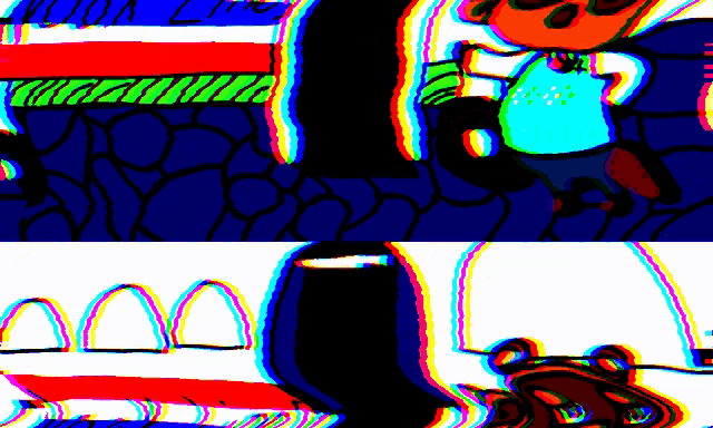 a cartoon drawing of a man standing in front of a stained glass window with a rainbow of colors