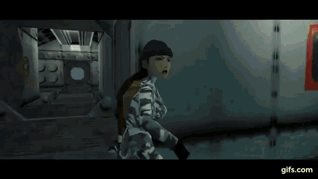 a woman in a video game is walking through a doorway