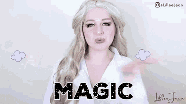 a woman wearing a white shirt and a wig is making a surprised face while holding her hair .