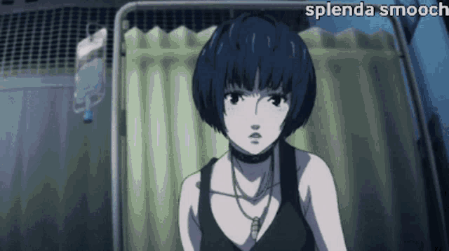 a woman with blue hair is standing in front of a hospital curtain with the words splenda smooch written above her