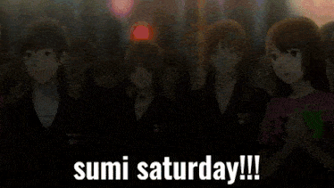 a woman in a tuxedo stands in front of a crowd with the words sumi saturday !!! written below her