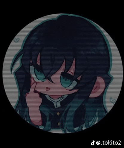a drawing of a girl with long black hair and blue eyes is on a black background