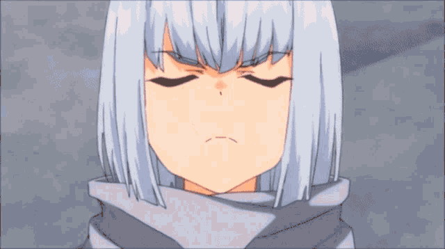 a close up of a girl with blue hair and orange eyes
