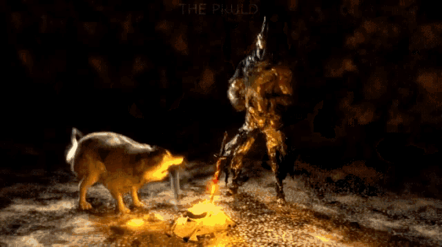 a wolf with a sword in its mouth is standing next to a fire