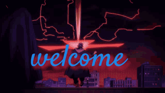 a purple background with the words welcome written in blue