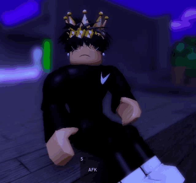 a cartoon character wearing a crown and a nike shirt sits on a wooden floor