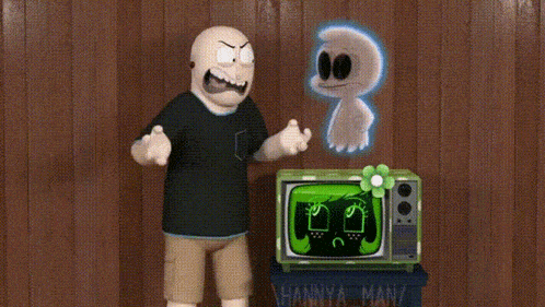a man in a trench coat is standing next to a cartoon character and a television with a flower on it