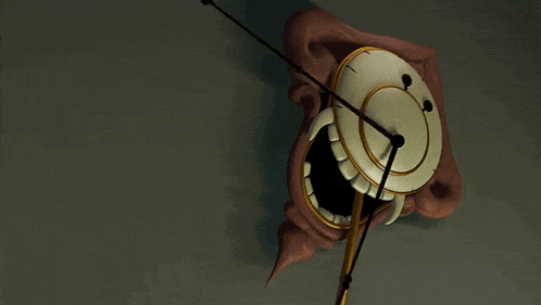 a cartoon clock with a smiley face and a gold handle